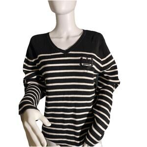 Liz Claiborne Women Sweater Black/ White Stripe Long Sleeve Nautical Sweater XL